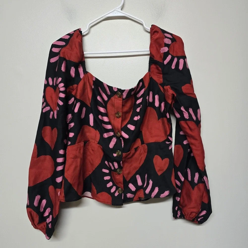 Farm Rio Long Sleeve Hearts Blouse Buttons Red Cropped Square‎ Neck Sz M NWT